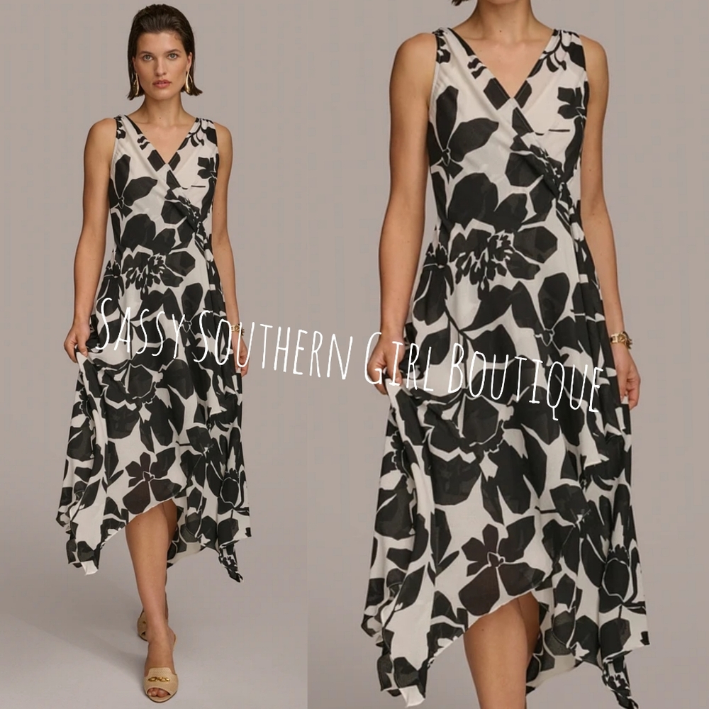 🆕⭐ Donna Karan Black Label White Black Floral Midi Dress - Picture 4 of 14